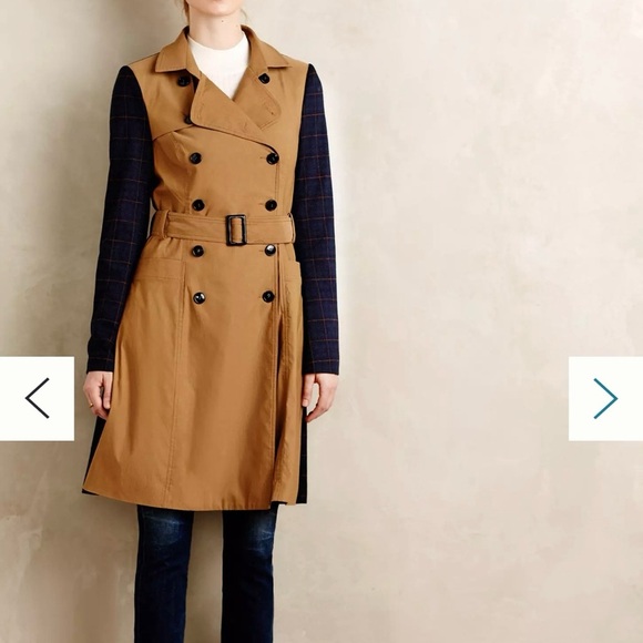 Anthropologie Harlyn Color-blocked Plaid Tan and Blue Trench Coat M - Picture 6 of 16